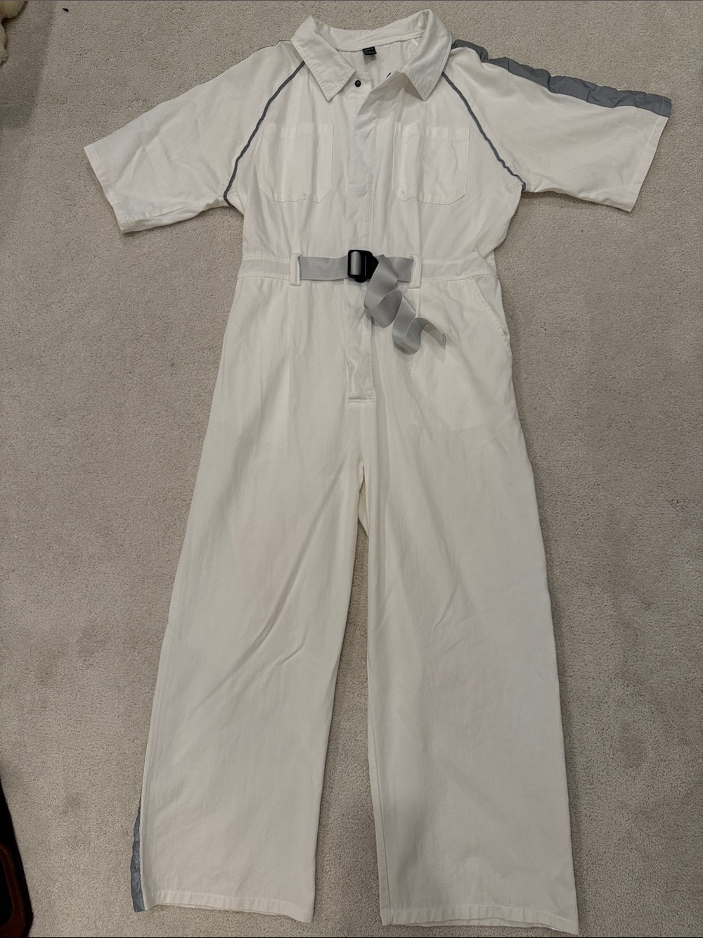 SHEIN White Jumpsuit 💯% Cotton with Gray Reflective Trim